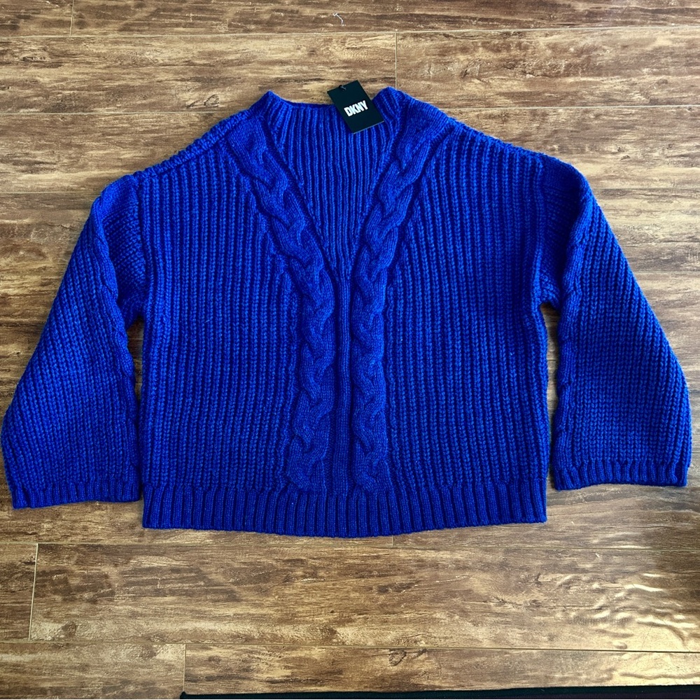 NWT DKNY royal blue cable knit sweater crochet cardigan size XL preppy top shirt